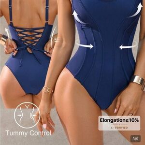 Women’s Navy Tummy-Control One-Piece Swimsuit with Lace-Up Back
